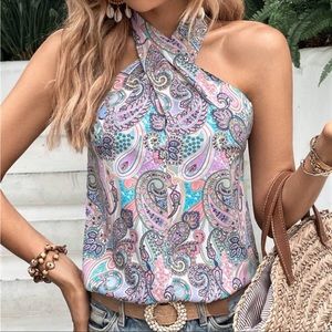 Boho Paisley Print Halter Tank Top S M L XL